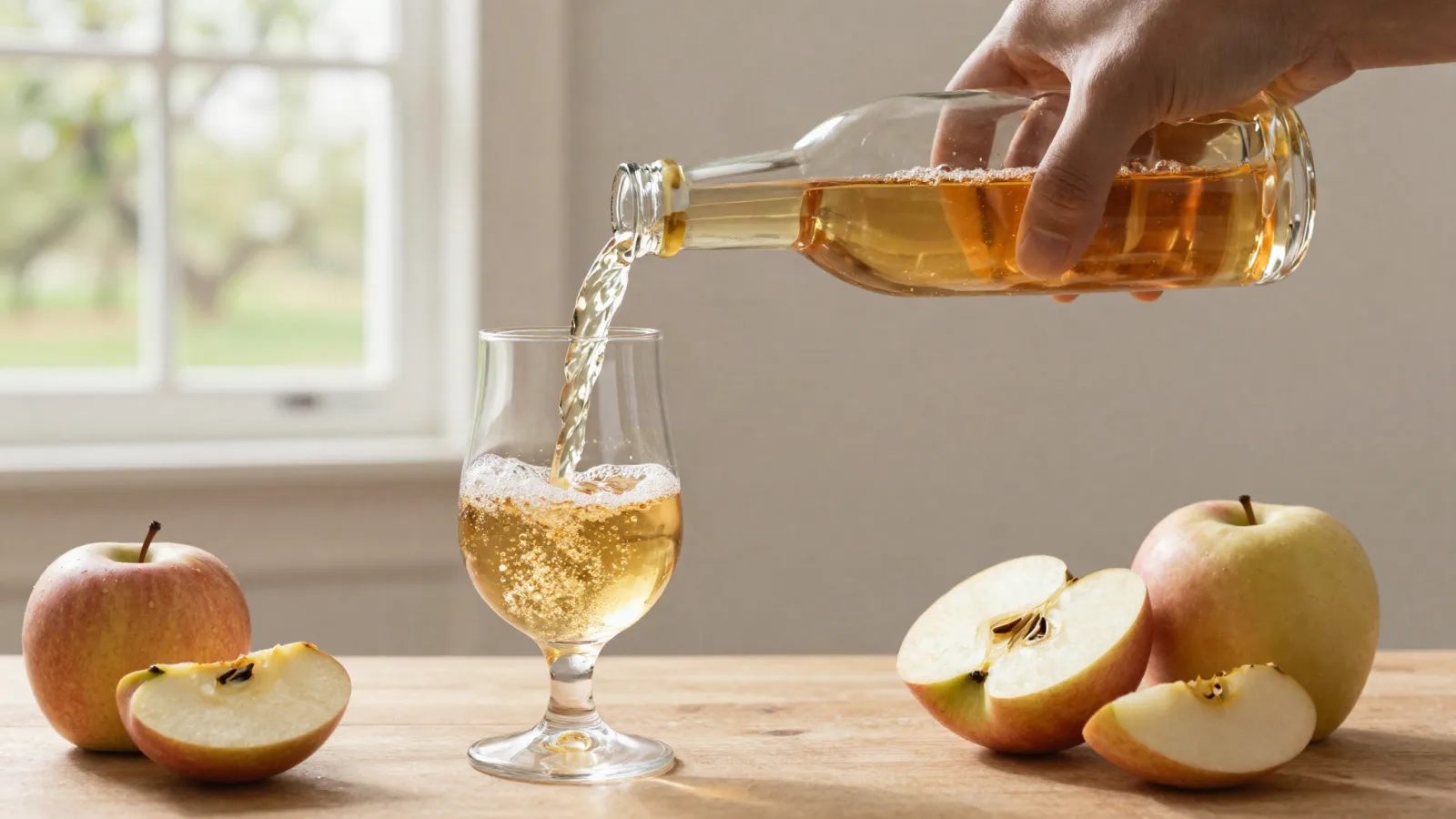 Cidre doré versé dans un verre de dégustation à côté de pommes