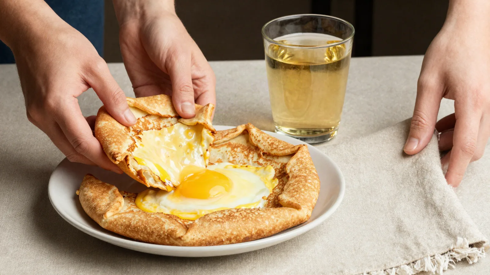 Galette de sarrasin servie avec un verre de cidre frais