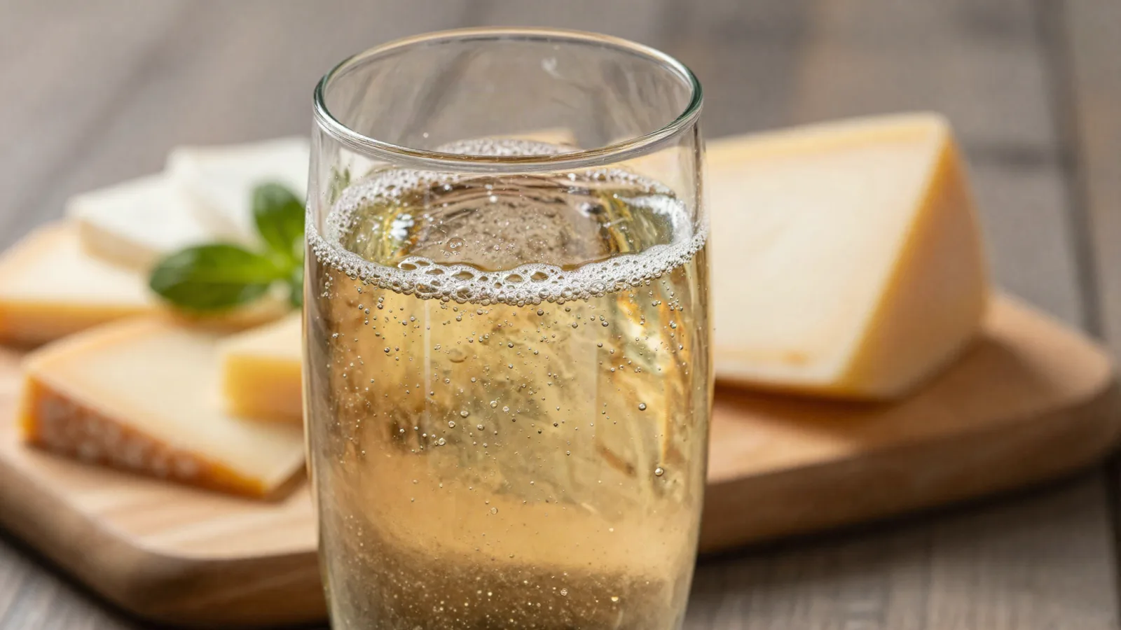 Verre de cidre brut frais servi avec un plateau salé