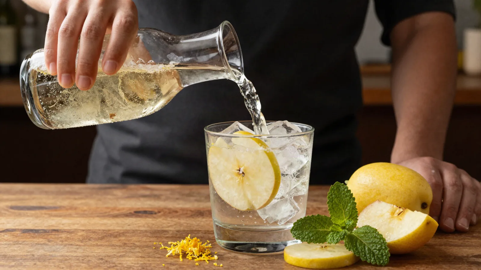 Cocktail cidre servi avec des tranches de pomme et du citron