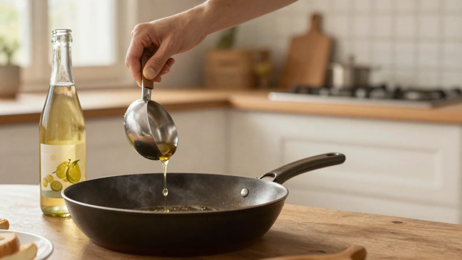 Cidre ouvert réutilisé pour déglacer une poêle en cuisine