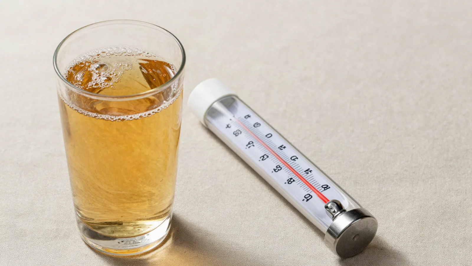 Verre de cidre frais et repère de température sur une table de dégustation